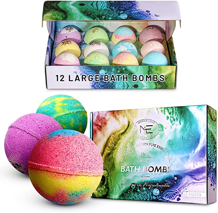 Marvelous Essentials Bath Bomb Gift Set for Women | 12 Aromatherapy BathBombs Crafted from Pure Essential Oils | Fizzy Spa Relaxing Bubble Bath Bombs Make a Great Gift Idea for Women & Kids