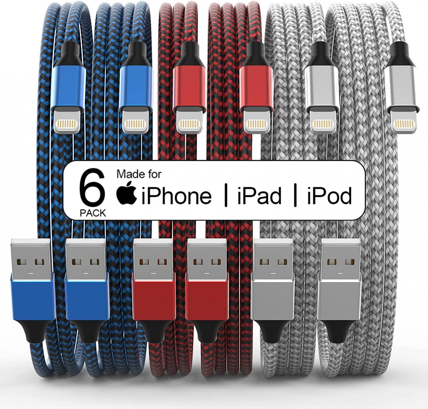 [Apple MFi Certified] 6Pack 3/3/6/6/6/10 FT iPhone Charger Nylon Braided Fast Charging Lightning Cable Compatible iPhone 13 mini/13/12/11 Pro MAX/XR/XS/8/7/Plus/6S/SE/iPad