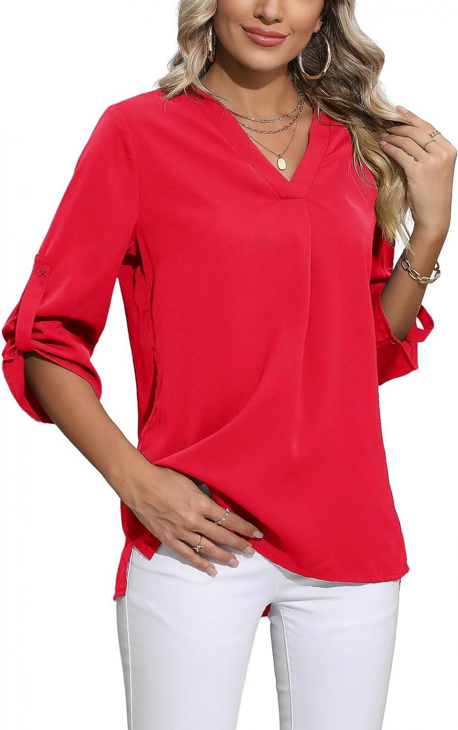 SUEANI Women's Chiffon Blouse 3/4 Cuffed Sleeve V Neck Pleated Front Summer Casual Work Shirt