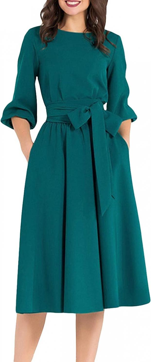 AOOKSMERY Women Elegance Audrey Hepburn Style Round Neck 3/4 Puff Sleeve Swing Midi Dress Long Belt Dresses with Pockets