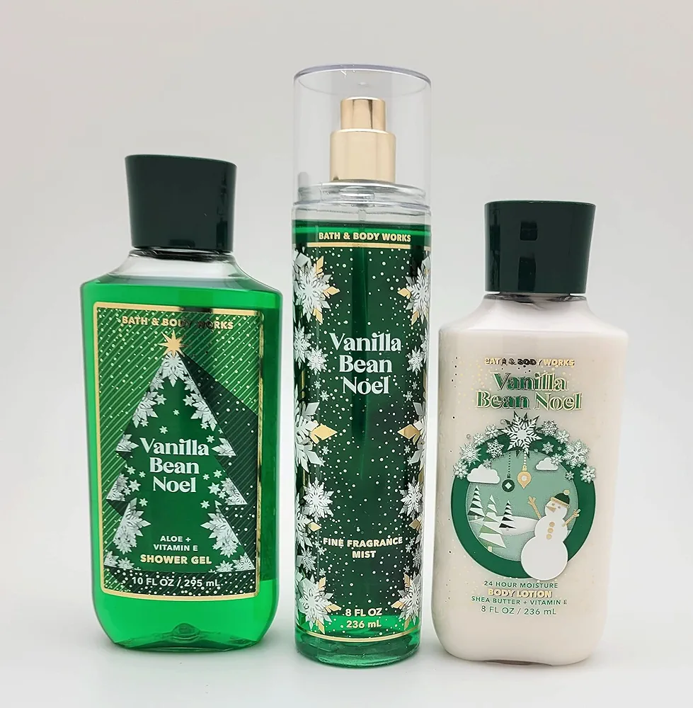 Bath & Body Works - Vanilla Bean Noel - 3 pc Bundle Trio -Shower Gel, Fine Fragrance Mist and Super Smooth Body Lotion - Winter 2021