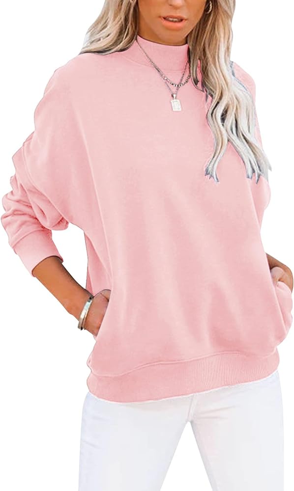 Minclouse Women's Casual Long sleeves Sweatshirt Tops Basic Loose Fit Mock Turtleneck Lightweight Tunic Pullover With Pocket