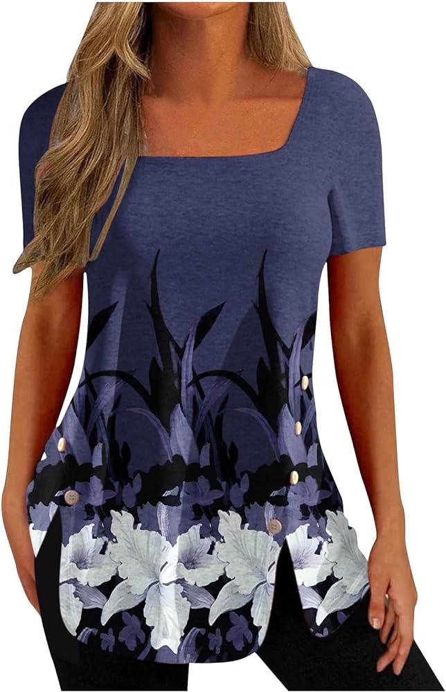 Summer Square Neck Tunic Tops for Women Boho Floral Print Shirts Split Tee Short Sleeve T Shirt Retro Dressy Casual Blouses