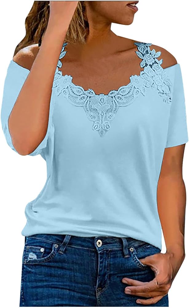 Womens Lace Cold Shoulder t Shirts Summer Sexy Lace Crochet v Neck Tops Casual Business Shirt Blouse