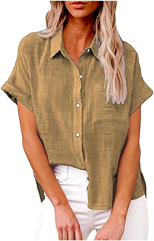 DASAYO Linen Shirts for Women Solid Color Button Down Short Sleeve Shirt Summer Fashion 2024 Blouses