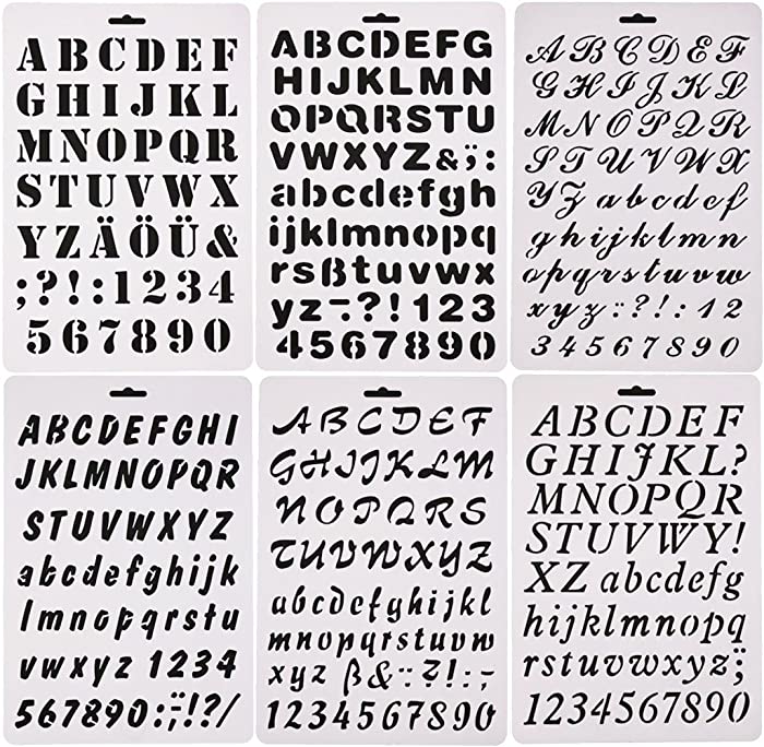 Qibote Plastic Letter Stencils Alphabet Number Drawing Painting Stencils Scale Template for Notebook, Diary, Scrapbook, Journaling, Graffiti, Card and Craft Projects, Set of 6