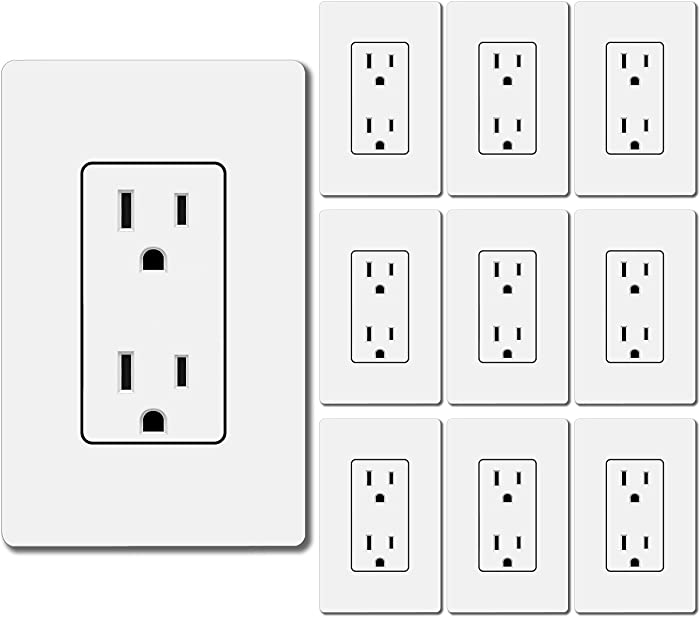 [10 Pack] BESTTEN 15 Amp Decor Wall Receptacle, Standard Electrical Wall Outlet, Decorative Screwless Wallplate Included, 15A/125V/1875W, UL Listed, White