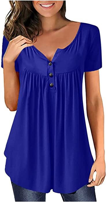 Women's V-Neck Henley T Shirt Flowy Pleated Tunic Blouse Summer Tops Floral Solid Button Down Short Sleeve Tee Shirts