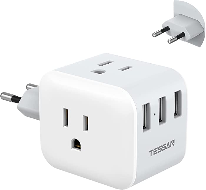 European Travel Plug Adapter, TESSAN 6 in 1 Travel Adapter with 3 AC Outlets 3 USB, US to Europe Plug Adapter, USA to Most of Europe Germany Iceland Italy France Spain (Type C), Travel Accessories