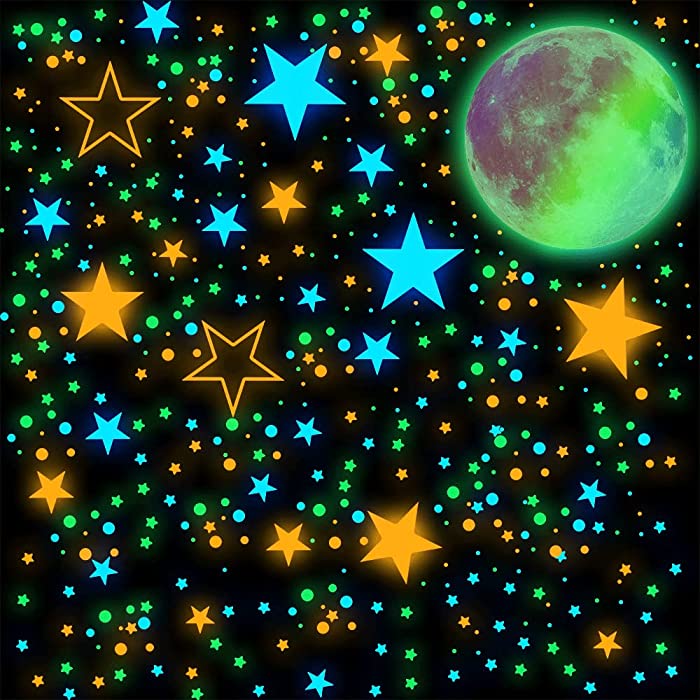 Glow in The Dark Starry Sky Star Dot Colored Full Moon Fluorescence Stickers for Ceiling,Room Wall Decor for Boys Girls Bedroom Decor,Removable Kids Wall Decals,1560 Pcs in 3 Different Pattern