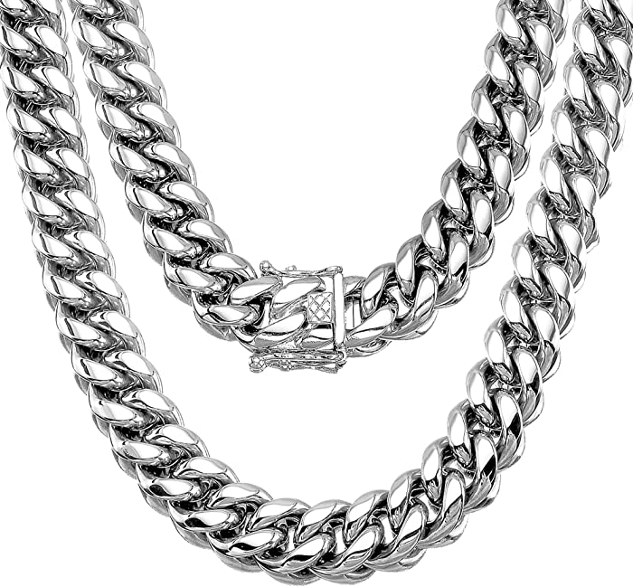 Jewelry Kingdom 1 Mens Necklace or Bracelet, Cuban Link Chain, Big and Heavy Miami Chain 15MM, High Polishing Stainless Steel Curb Chain Choker for Boys and Bikers 8-30inches