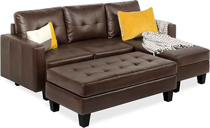 Best Choice Products Tufted Faux Leather 3-Seat L-Shape Sectional Sofa Couch Set w/Chaise Lounge, Ottoman Coffee Table Bench, Brown