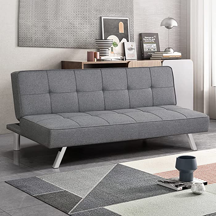 POWERSTONE Convertible Futon Sofa Bed Linen Small Couch Fabric Folding Sleeper Sofa for Living Room Furniture Set with Chrome Legs Gray