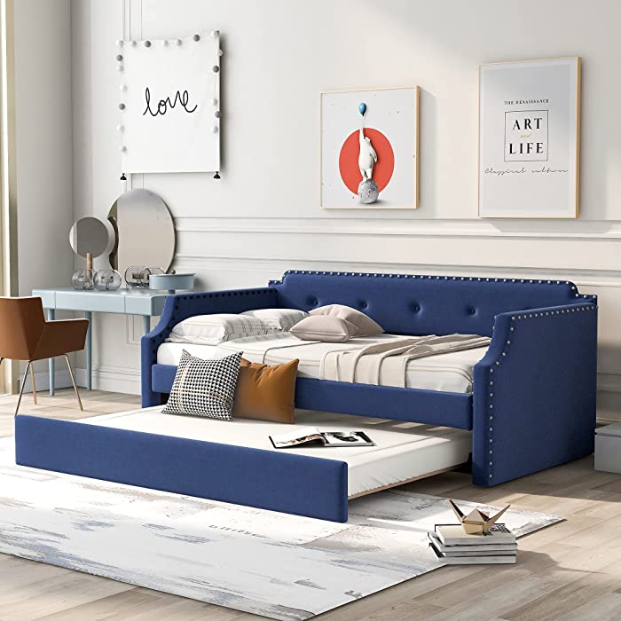 Flieks Twin Upholstered Daybed, Linen Fabric Upholstered Tufted Sofa Bed with Trundle, Sofa Bed Trundle Daybed with Wood Frame (Blue)