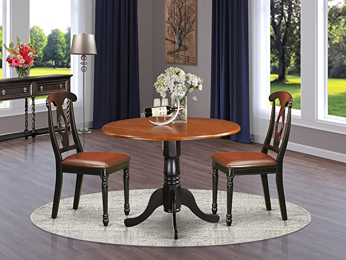 East West Furniture DLKE3-BCH-LC 3-Pc mid century dining table set Black & Cherry finish- Two 9-inch Drops Leave and Pedestal Legs table & 2 Napoleon Back dining room chairs