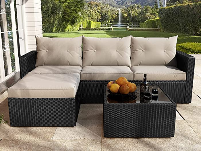 Allewie Khaki Patio Conversation Set, 3 Pieces PE Wicker Rattan Outdoor Furniture Set, Lounge Sofa and Loveseat with Cushions, Tempered Glass Coffee Table (Black & Khaki)