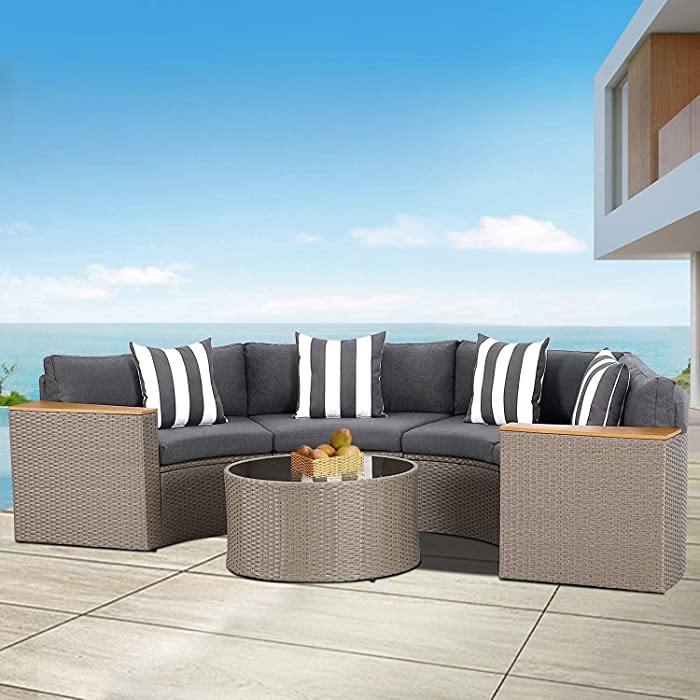 SOLAURA 5-Piece Patio Sectional Furniture Patio Half-Moon Set Brown Wicker Curved Outdoor Sofa with Grey Cushions & Glass Coffee Table (Grey)