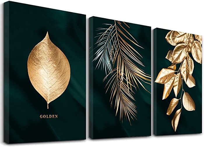 Sdmikeflax 3 Piece Modern Gold Botanical Wall Art for Bathrooms Living Room Bedroom Wall Decor Green Plant Canvas Printed Pictures, Multi Panel Framed Nature Artwork Ready to Hang, 12" x 16" x 3…