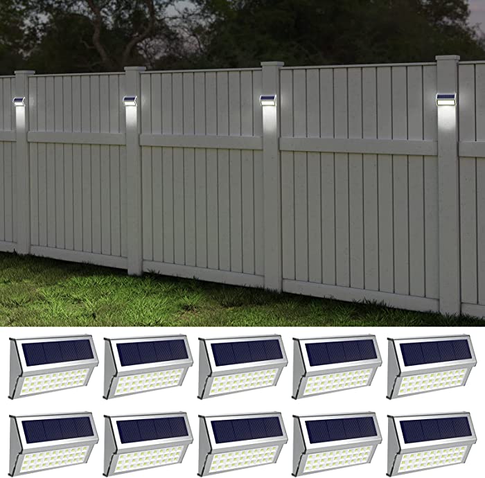 ROSHWEY Solar Outdoor Lights 10 Pack 30 LED Solar Fence Lights Stainless Steel Waterproof Post Solar Lamps Deck Lights Step Lighting for Outside Backyard Walkway Stairs, Cool White Light