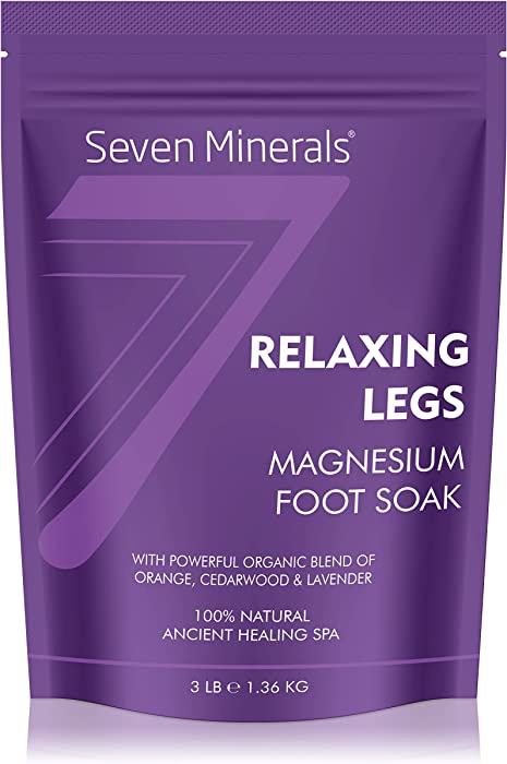 Seven Minerals Relaxing Legs Magnesium Chloride Flakes 3lb – Absorbs Better Than Epsom Salt - Unique Foot Soak Formula for Tired Legs and Leg Cramps - with USDA Organic Orange, Cedarwood & Lavender