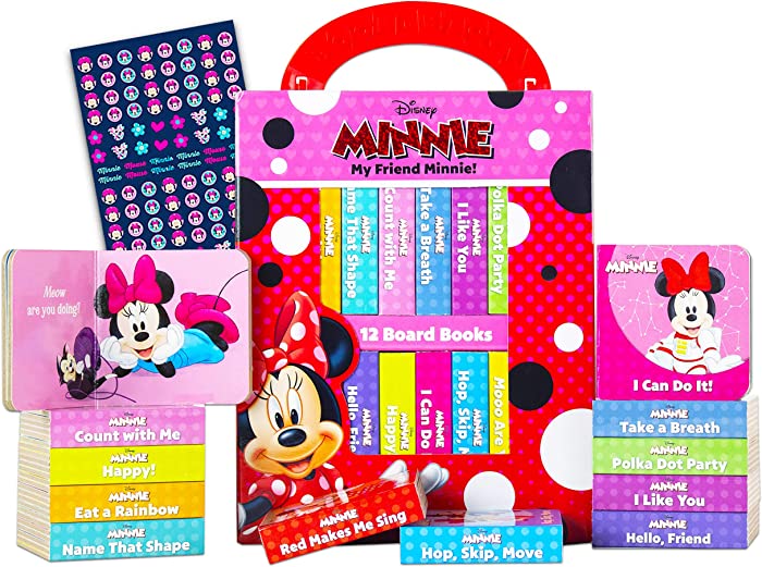 Disney Minnie Mouse Board Books Set Toddlers Babies Bundle ~ Pack of 12 Chunky My First Library Board Book Block with Stickers (Minnie Mouse Books for Infants)