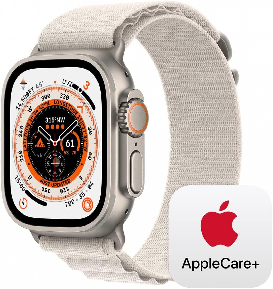 Apple Watch Ultra GPS + Cellular, 49mm Titanium Case with Starlight Alpine Loop - Small with AppleCare+ (2 Years)