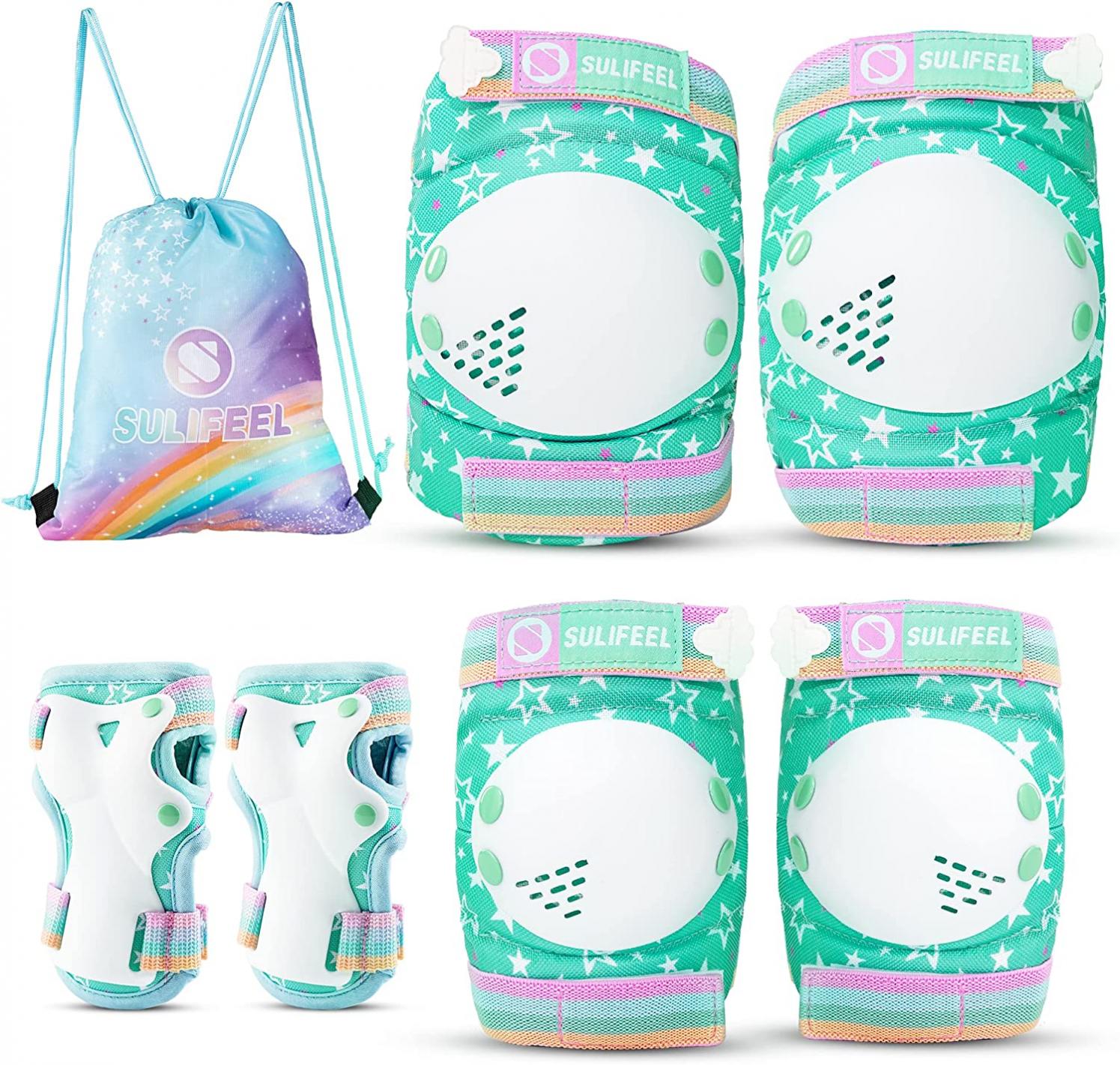 SULIFEEL Rainbow Unicorn Knee Pads for Kids Knee Elbow Pads Wrist Guards with Drawstring Bag Adjustable Protective Gear Set for Girls Boys Green Medium