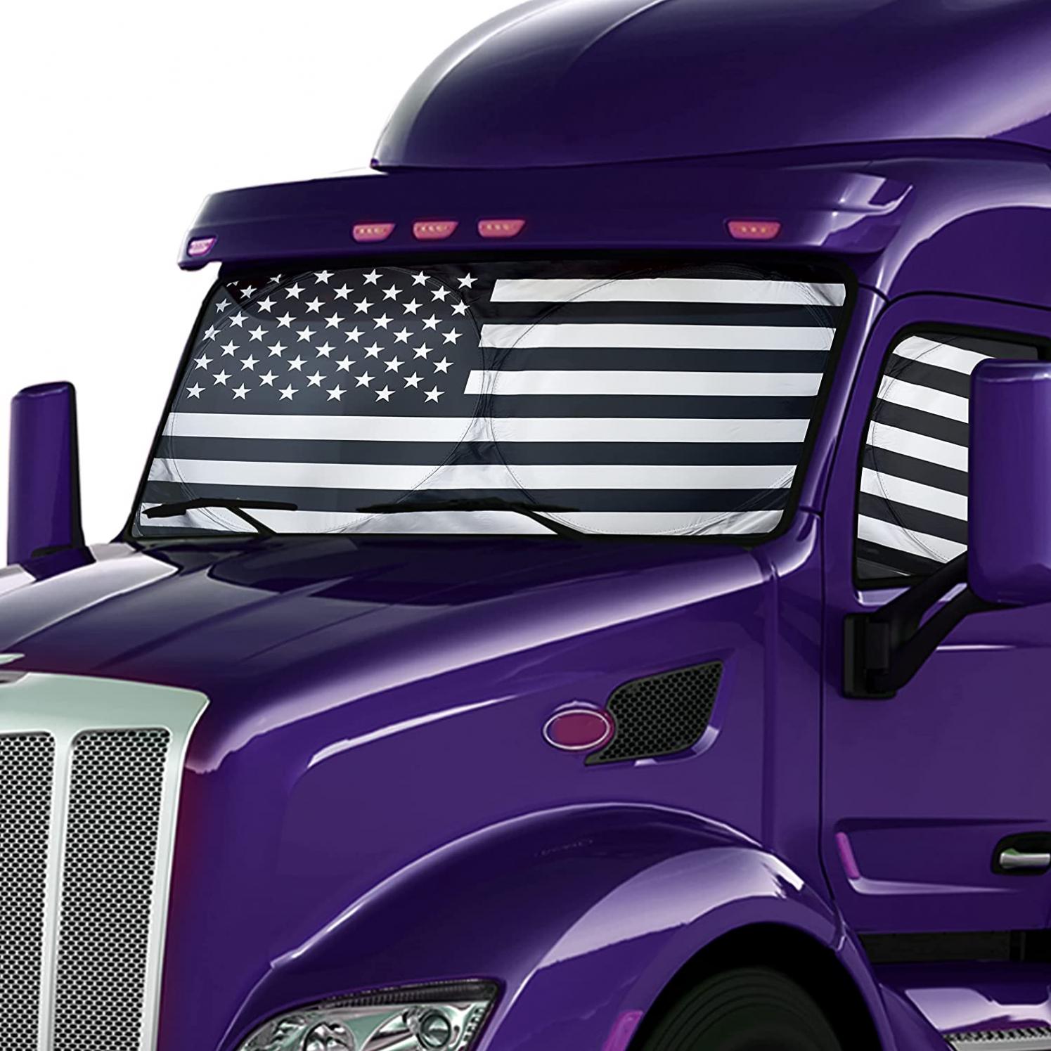EcoNour Semi-Truck Patriotic Flag Printed Sun Shade for Windshield and Side Windows | 240T Sunshade for Truck Windshield to Block UV/Sun Heat Rays | Best for Semi, Commercial & Big Rig Truck