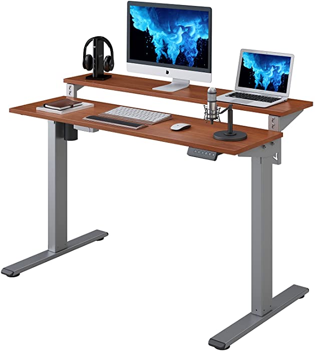 Flexispot EF1 2 Tier Standing Desk 48 in Electric Height Adjustable Computer Desk with Adjustable Shelf Dual Tier Stand Up Desk Memory Controller for Home Office (Silver Frame + Mahogany Top)