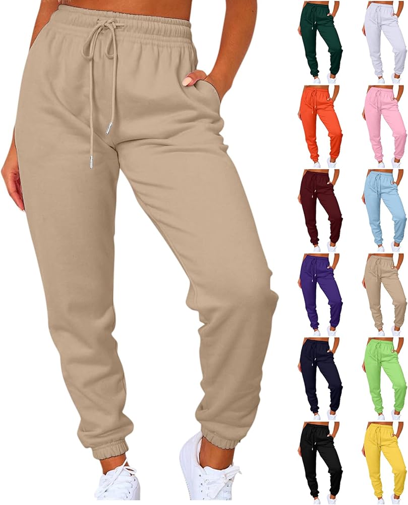 Fleece Joggers for Women Drawstring Straight Leg Sweatpants Elastic High Waisted Cinch Bottom Sweat Pants with Pockets