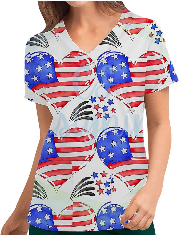symoid Women’s Patriotic Scrub Tops Short Sleeve V Neck Nursing Shirt with Pockets American Flag July 4th Casual Work Blouse