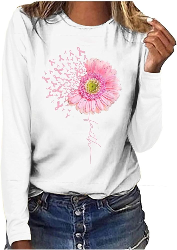 Ceboyel Womens Breast Cancer Awareness Shirts Pink Ribbon Sunflower Graphic Tshirt Tee Long Sleeve Tops Funny Clothing 2023