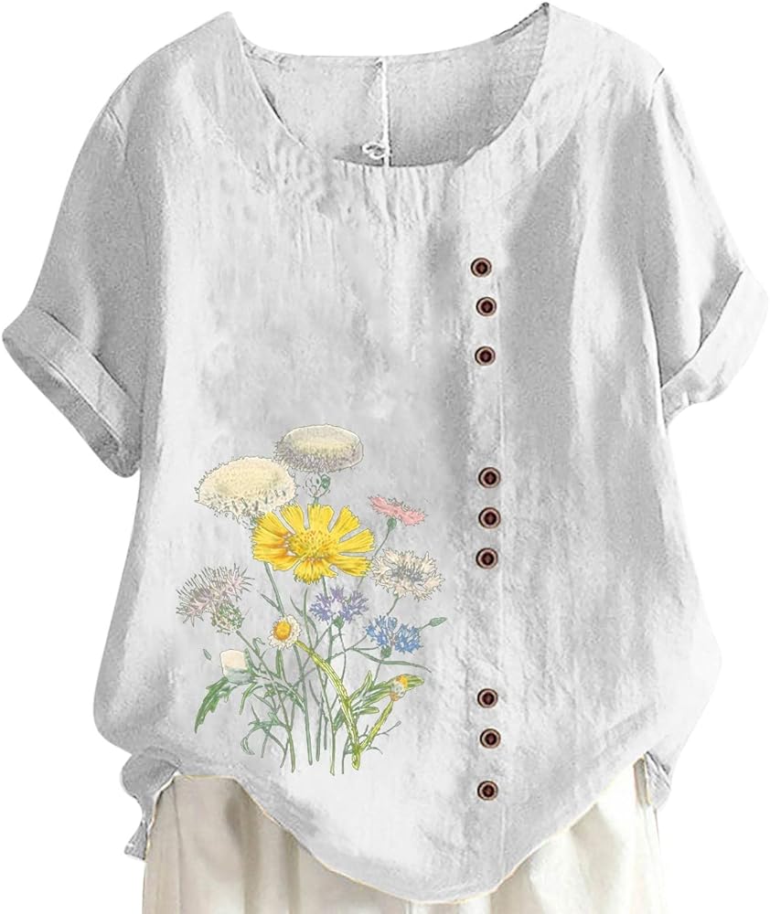 Ceboyel Women Summer Cotton Linen Shirts Dandelion Print Blouses Short Sleeve Casual Tops Boho Loose Fit Ladies Clothing