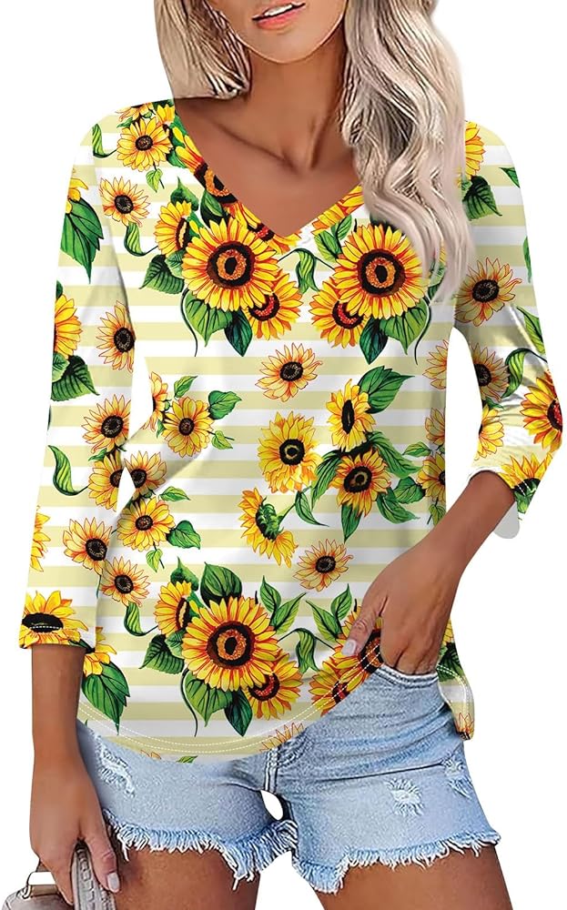 Summer Women's Tops 3/4 Sleeve 2024 V-Neck Loose Casual Shirt Floral Printed T-Shirt Fashion Loose Fit