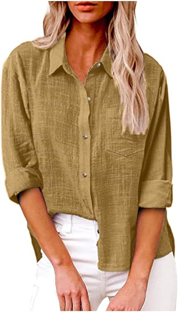 Womens Cotton Linen Button Down Shirts Collared Long Sleeve Tunic Tops Plus Size Solid Business Casual Work Blouse