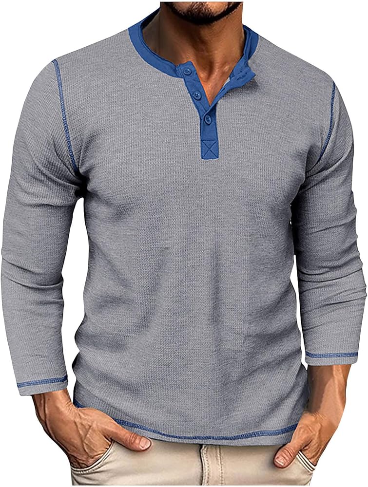 Men Waffle Knit Shirts 1/4 Button Long Sleeve Casual T-Shirts Solid Color Lightweight Loose Fit Shirt