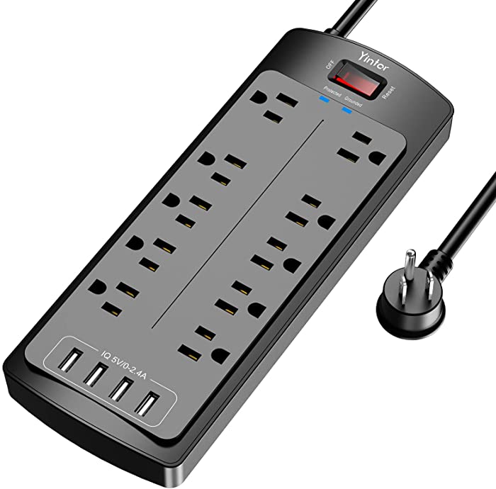 Power Strip with 8 Ft, YINTAR Surge Protector with 10 Outlets and 4 USB Ports, 8 Feet Flat Plug Extension Cord (1875W/15A) for for Home, Office, Dorm Essentials, 2100 Joules, ETL Listed, - Black