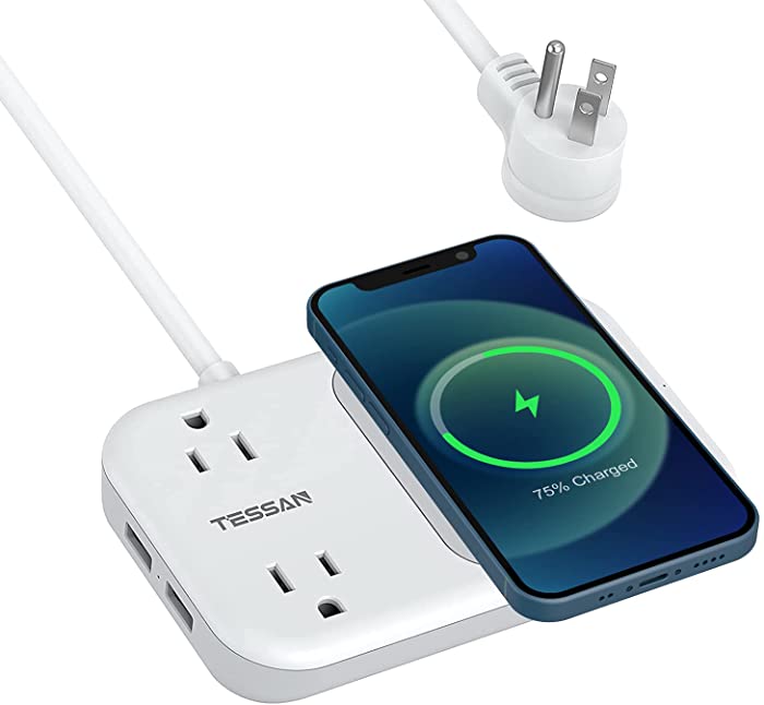 Small Power Strip 2 USB 1 Wireless Charger, TESSAN Mini Flat Plug Nightstand Desktop Charging Station with 2 Outlet 4 ft Extension Cord, Compatible with iPhone for Dorm Room Cruise