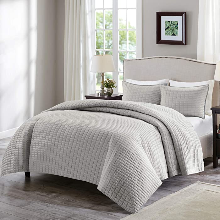 Comfort Spaces - CS14-0060 Kienna Quilt Coverlet Bedspread Ultra Soft Hypoallergenic All Season Lightweight Filling Stitched Bedding Set, King 104"x90", Gray 2 Piece