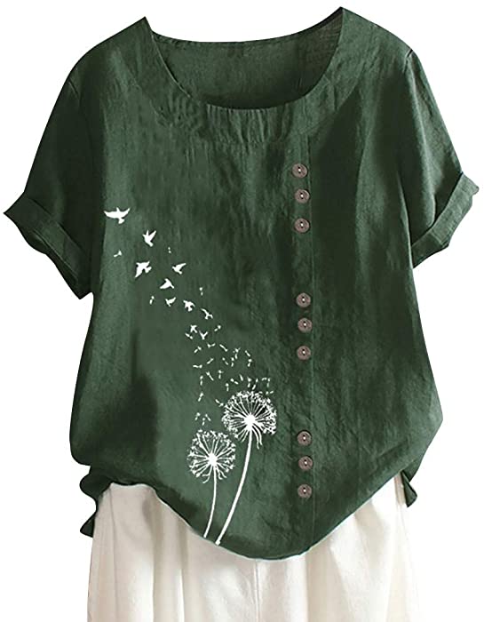 Womens Plus Size Buttons Short Sleeve Cotton Linen T Shirts Cute Dandelion Boho Floral Tee Tshirt Crewneck Summer Tops