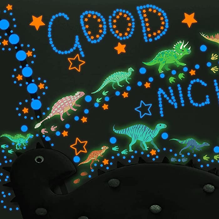 Glow in The Dark Starry Sky Star Dot Dinosaur Fluorescence Stickers for Ceiling,Room Wall Decor for Boys Bedroom Decor,Removable Kids Wall Stickers Decals,652 Pcs in 3 Sizes Different Patterns