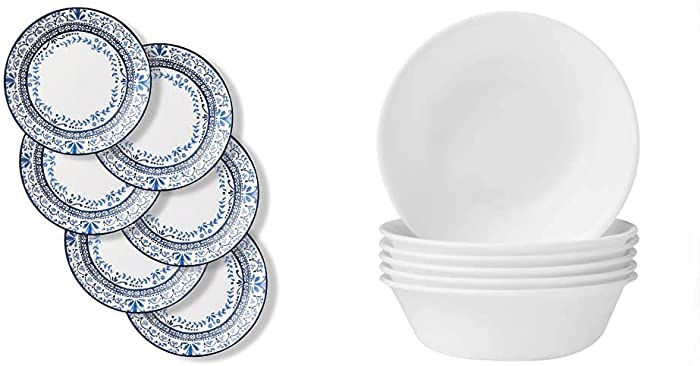 Corelle Chip Resistant Dinner Plates, 6-Piece, Portofino & Soup/Cereal Bowls Set (18-Ounce, 6-Piece, Winter Frost White)