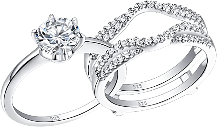 Wuziwen Wedding Rings for Women Solitaire Round Cz Engagement Ring Set Sterling Silver Size 4-13