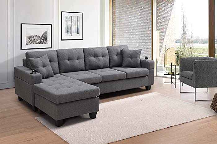 UNIROI 4 Seater Sectional Sofa with Reversible Left/Right Chaise Lounge and 2 Cup Holders, L-Shaped Couch for Home Apartment Living Room Furniture Set, Grey