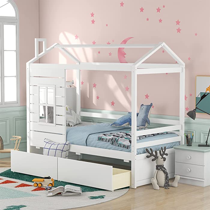 Twin House Bed for Kids, Twin Daybed with Drawers and Roof, Twin Size House Bed Frame with Storage and Fence for Kids, Teens, Girls & Boys, Easy Assembly (White)