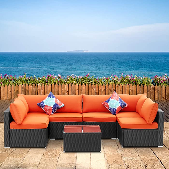 7 Pieces Outdoor Furniture Set, Wonlink PE Rattan Wicker Sofa Sets, All Weather Sectional Patio Furniture Conversation Sets with Tea Table and Cushions