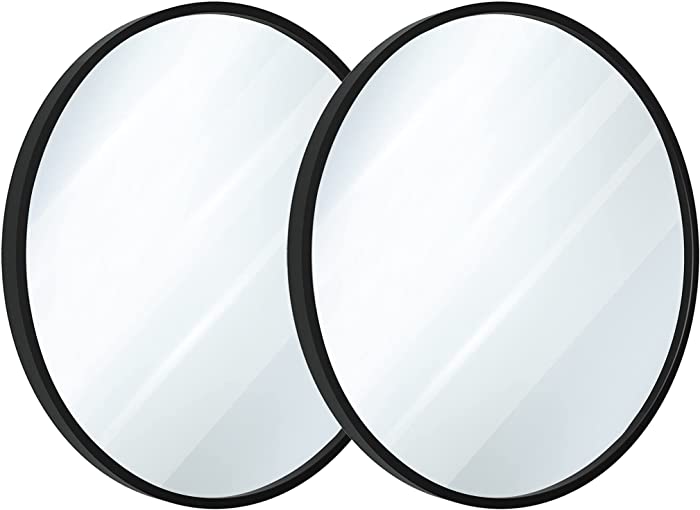 USHOWER 24 Inch Black Round Mirror with Metal Frame, Circle Bathroom Wall Mirror, Farmhouse & Modern Style, 2 Packs