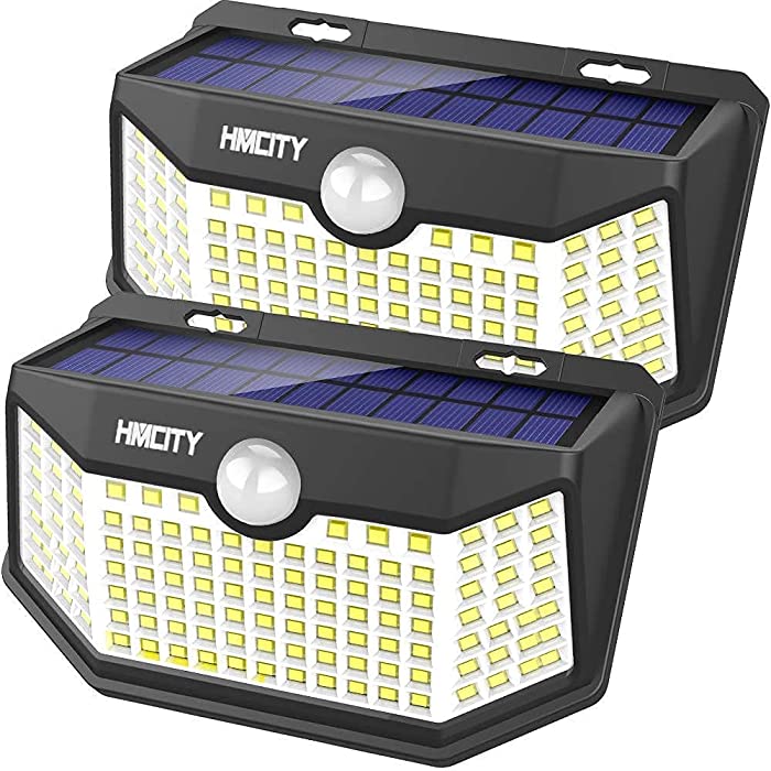 HMCITY Solar Lights Outdoor 120 LED with Lights Reflector and 3 Lighting Modes, Motion Sensor Security Lights,IP65 Waterproof Solar Powered for Garden Patio Yard (2Pack)