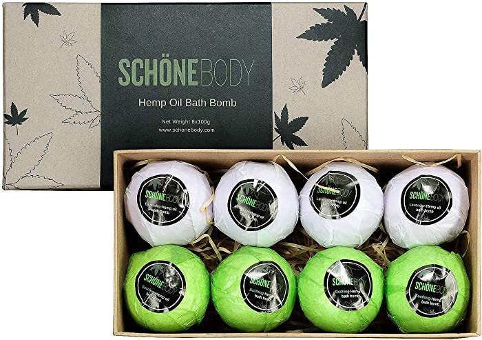 Hemp Bath Bombs, Large Set of 8 Bath Bombs. By Schone Body, 2 relaxing Scents of Refreshing Mint and Hemp Oil and Soothing Lavender and Hemp Oil. Made with Pure Essential Oil Vegan Set