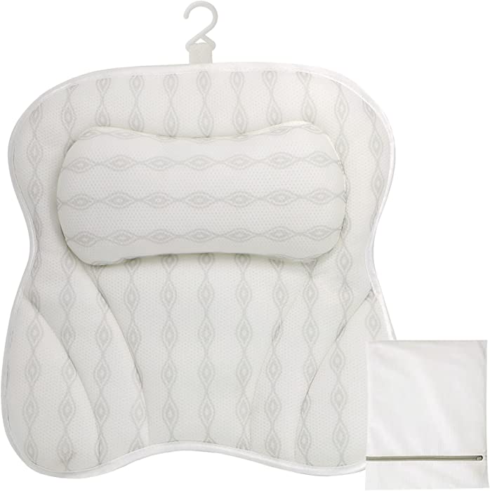 Bathtub Pillow Non Slip, Tub Pillow for Head and Neck, Headrest Pillow for Soaking Tub, 6 Strong Suction Cups, Thick Soft Breathable 3D Air Mesh, Hang to Dry, Washable Protective Bag Included